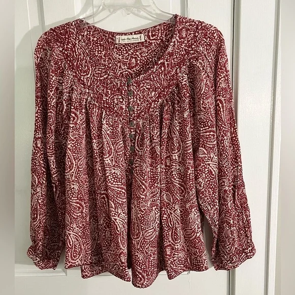 Free People We The Free Cool Meadow Red Boho Printed Blouse Cotton Size Small - Picture 3 of 15